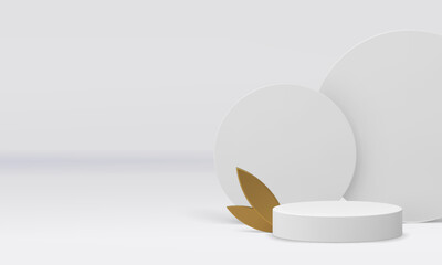 White 3d cylinder podium with golden leaves mockup for show realistic vector illustration. Light neutral pedestal with round wall background and luxury leaf geometric showroom for shopping sale