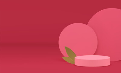 3d pink cylinder podium with golden leaves for luxury feminine product show realistic vector illustration. Elegant trendy round pedestal with wall background for cosmetic shopping sale advertising
