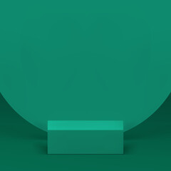 Green 3d squared podium pedestal mockup for cosmetic product show realistic vector illustration. Trendy showcase minimalist display with circle wall background for presentation shopping sale