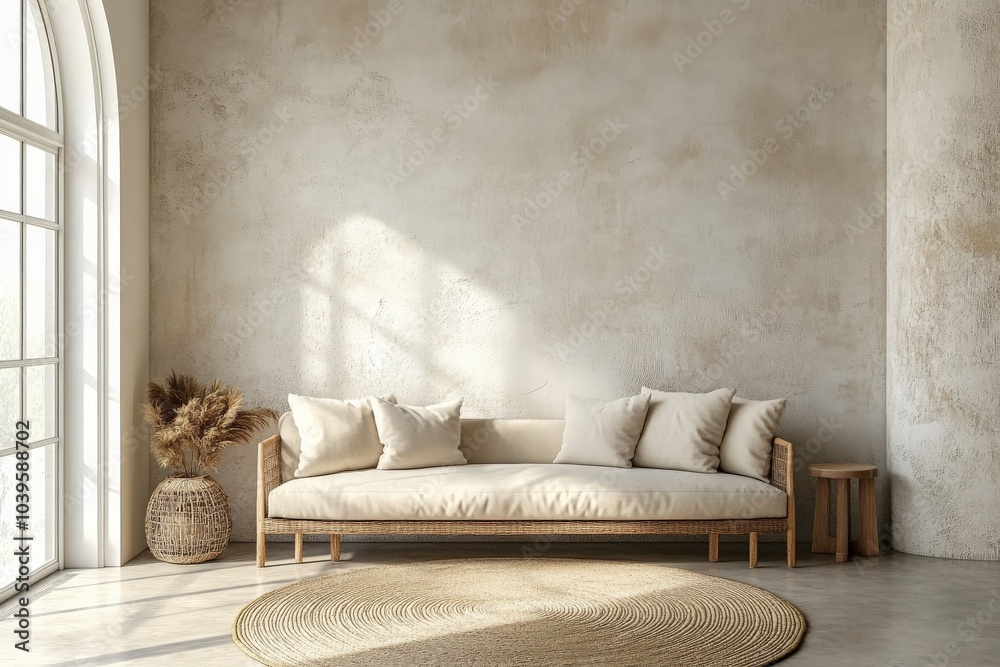 Aufkleber an elegant living room with a luxurious sofa under large windows, featuring minimalist decor and sof
