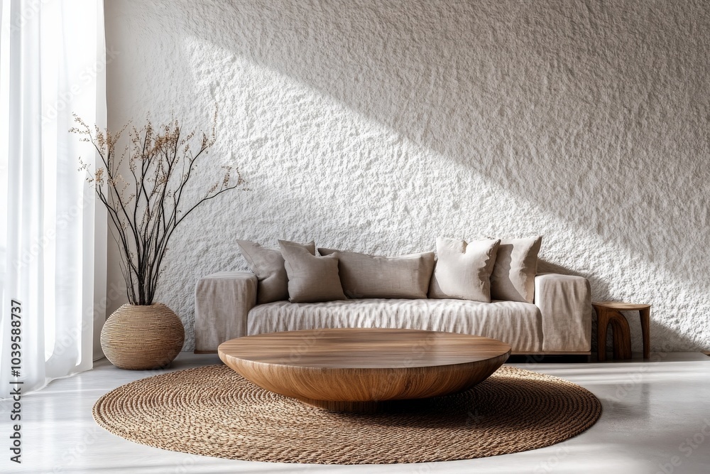 Poster a textured room features a rustic sofa with plush cushions, round wooden table, and large window, ha