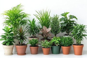 Obraz premium Indoor tropical garden with assorted palms and leafy plants in terracotta pots symbolizing lush indoor greenery tropical decor and home gardening trends