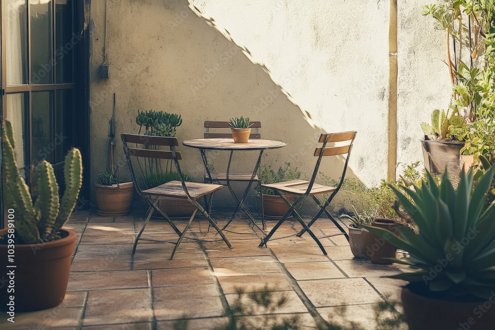 Wall mural a charming rustic patio features two folding chairs and a wooden table surrounded by potted plants, 