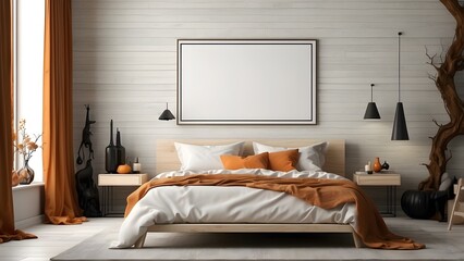 Modern minimalist wall art mockup of bed room for Halloween, blank frame for wall art mockup of bed room, Halloween and Christmas spooky scary vibes of the room interior design