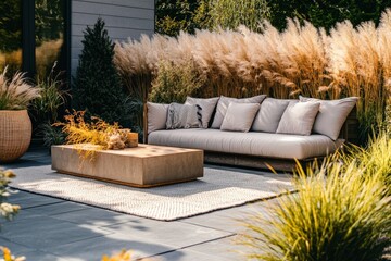Fototapeta premium An elegant outdoor patio contains a comfortable sofa set against lush ornamental grasses, complemented by a textured rug and a simple, sturdy coffee table.