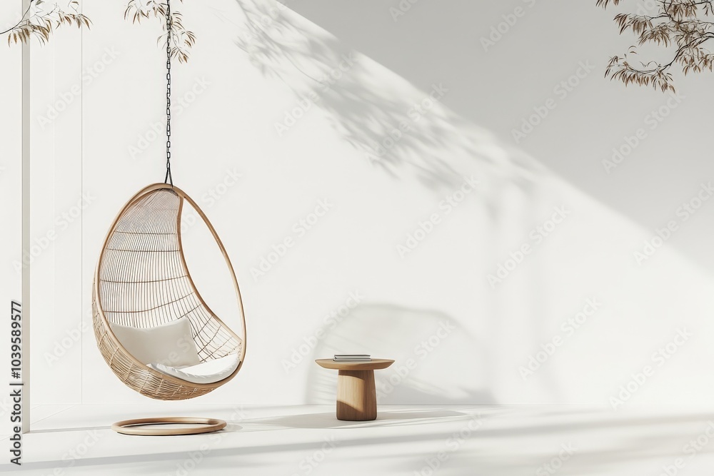 Aufkleber A rattan hanging chair is positioned in a bright minimalist room with soft shadows and a small wooden table, creating a serene and inviting atmosphere.