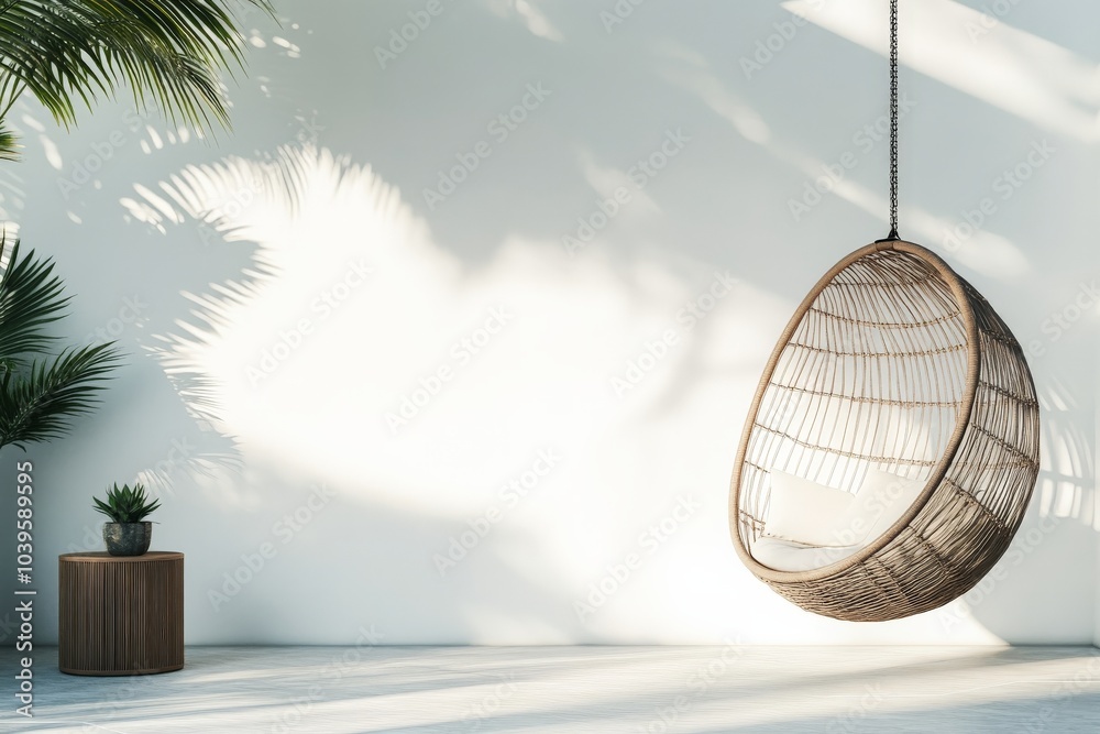 Aufkleber a cozy wicker hanging chair is suspended in a brightly lit minimalist room with soft shadows, comple