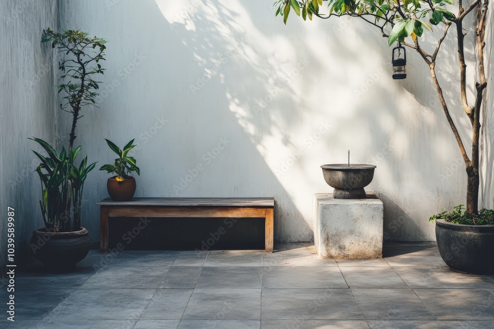 Poster a minimalist courtyard design featuring a wooden bench and potted plants against a plain wall, with 