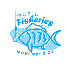 World Fisheries Day to celebrate on November 21st. Illustration of a fish with a fishing hook on white background.