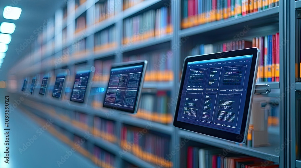 Poster Modern library with digital tablets displaying data and colorful books on shelves.
