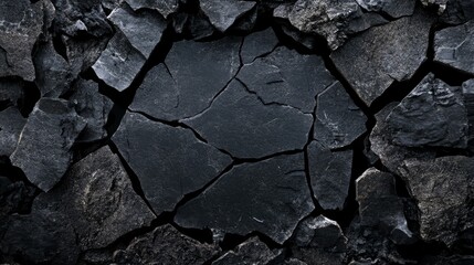 Fototapeta premium A tight shot of a rock wall showcasing a large black fissure running through its heart, and a minute hole nestled within
