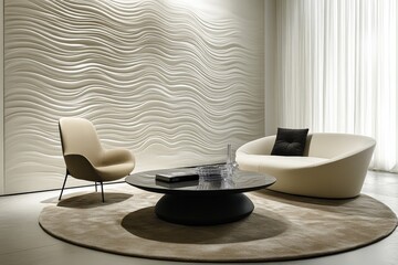 A stylish lounge adorned with wave-textured wall panels, featuring a chic armchair and sofa ensemble, centered around a sleek round black coffee table.