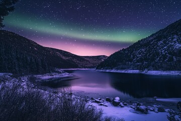 Graceful northern lights dance across the star-filled sky above a tranquil, frozen lake surrounded by snow-covered trees, creating a magical and mesmerizing display.