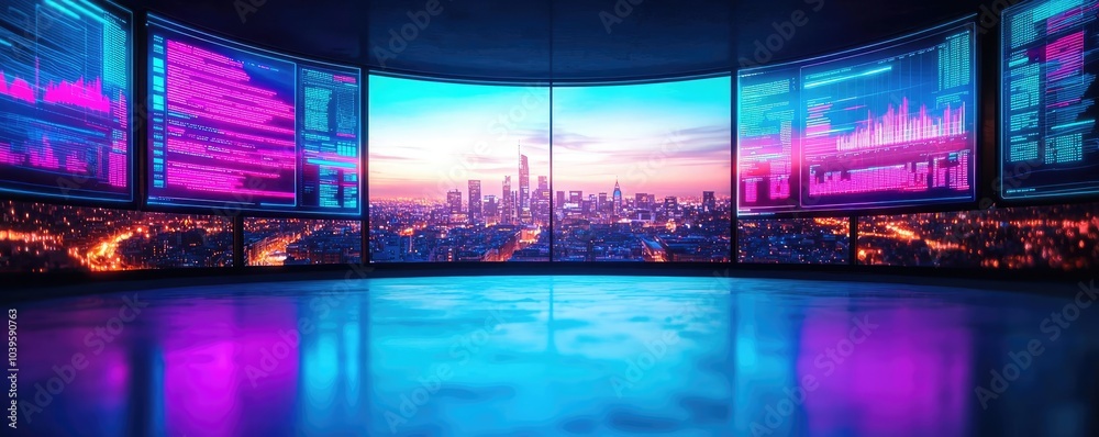 Poster Futuristic workspace with digital screens showing city skyline and data visuals