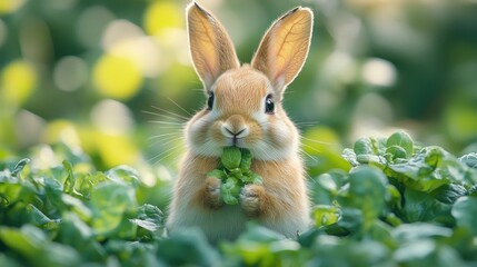 Fototapeta premium A cute rabbit holding lettuce amidst vibrant green foliage.