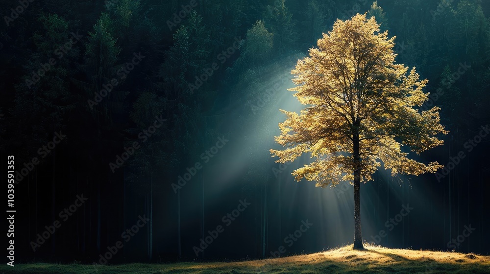 Poster Lonely tree illuminated by sunlight in a tranquil forest setting.