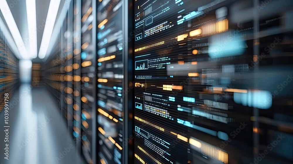 Poster Data server room with illuminated racks and high-tech digital displays.