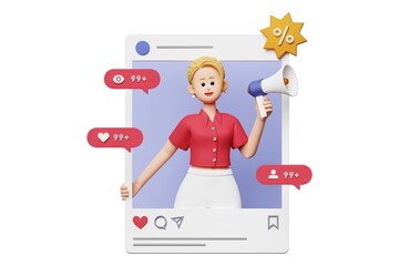 3D Character Social Media Influencer Post with Megaphone 