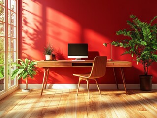 Study room with red walls and light brown furniture