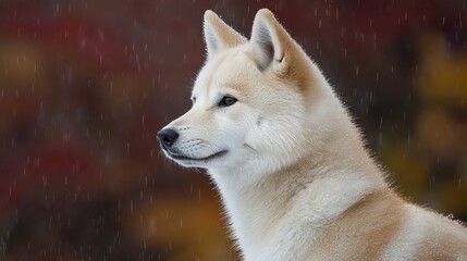 Obraz premium A tight shot of a white pooch boasting a black snout against a hazy backdrop Red and yellow tree stands distinctly in the distance