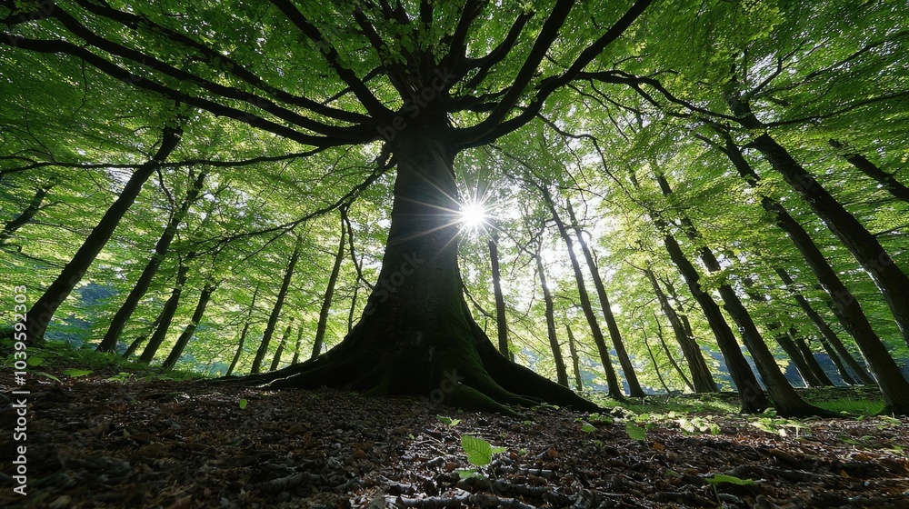 Poster majestic tree with sprawling branches and sunlight filtering through lush green leaves.