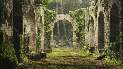 Fototapeta premium A tranquil archery range amidst ancient ruins and overgrown ruins, Archery targets set against ancient stone arches and moss-covered columns, Ancient ruins serenity style