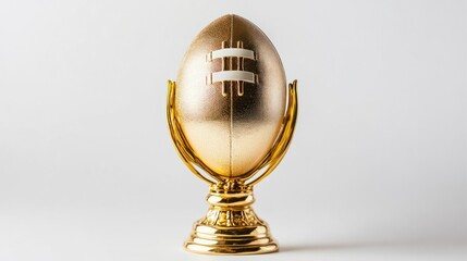 Golden football trophy with fantasy football engraved, isolated on white background