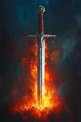 Naklejka premium medieval sword, with its blade raised and the hilt glowing in an intense red flame, stands tall against a dark background. 