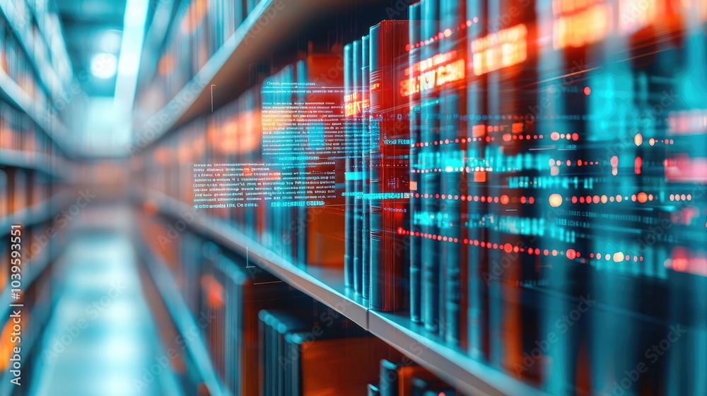 Poster modern digital library shelves with illuminated books and data visualization.