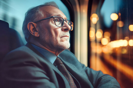 Elegant senior businessman in glasses enjoys a quiet train journey while gazing out the window at night during his commute