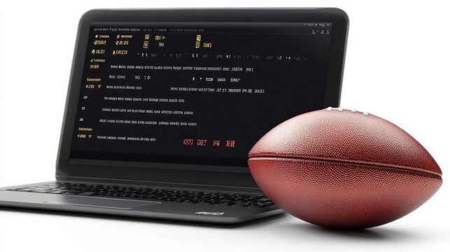 Laptop displaying fantasy football draft picks and live stats, with a football in the foreground, isolated on white background