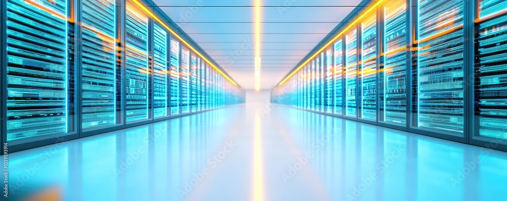 Aufkleber futuristic data center with rows of servers and glowing lights, sleek and modern