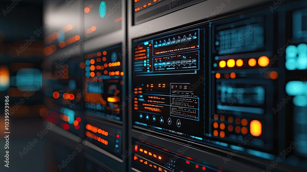 Poster Close-up view of server racks with illuminated interfaces and control panels.
