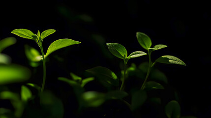 Fresh Green Leaves in Soft Light on Dark Background