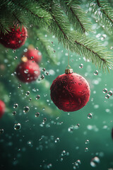 red Christmas baubles and Christmas tree branches floating in water, green background, water drops , close-up , hyper-realistic style, dreamy atmosphere, delicate details, water droplets and bubbles