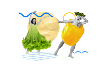 Magazine picture template collage of family people lady pensioner man dancing in vegetable clothes enjoy healthy nutrition