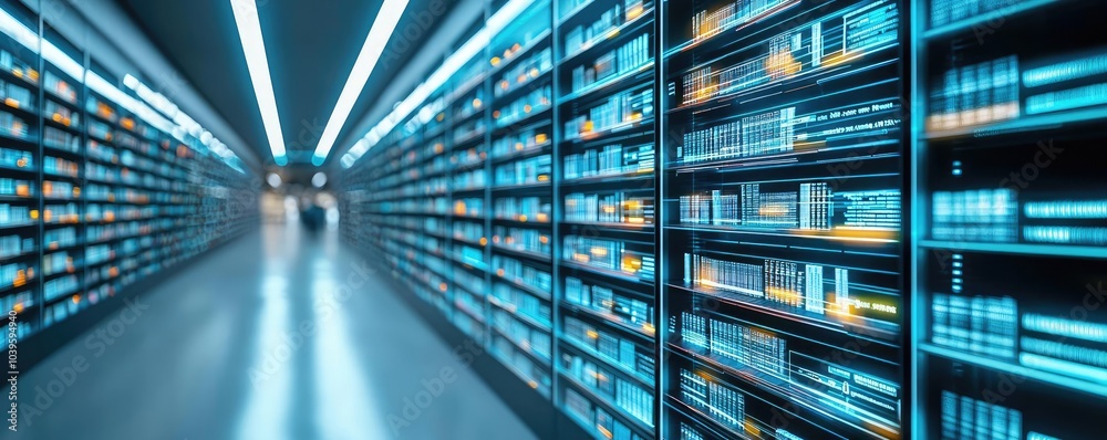 Poster futuristic data center with glowing shelves and ambient light.