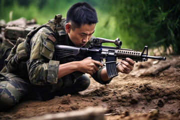 Fototapeta premium Chinese soldier in camouflage uniform aims strategically with a rifle during a military training exercise in a forest environment
