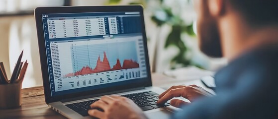 Closeup of a man analyzing financial data and graphs on laptop in modern office setting