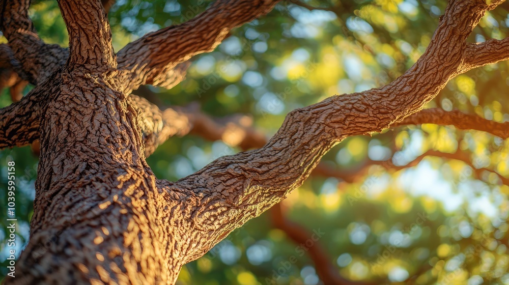 Aufkleber detailed view of tree trunk and branches with sunlight shining through leaves.