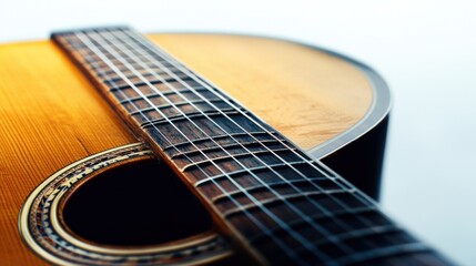 Fototapeta premium Acoustic guitar with wooden body, strings perfectly aligned, isolated on white background