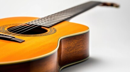 Obraz premium Acoustic guitar with wooden body, strings perfectly aligned, isolated on white background