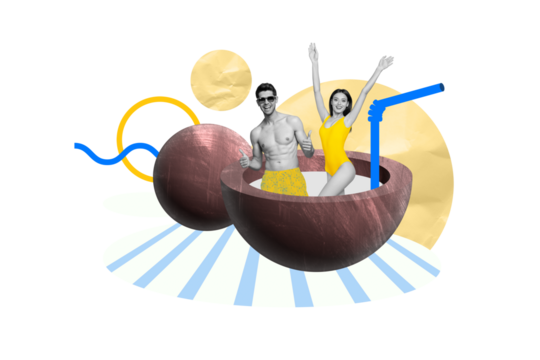 Magazine image template collage of people friends couple swimming in coconut water pool exotic resort concept recommending