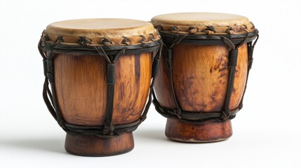 Bongos with wooden bodies and leather drum heads, isolated on white background