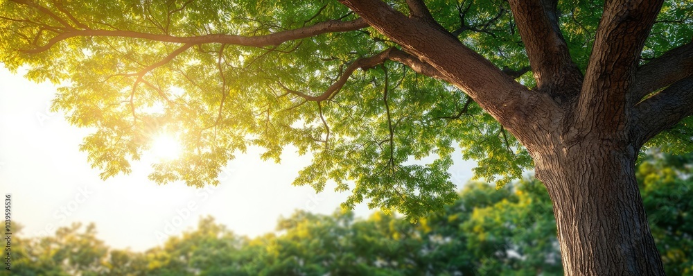 Poster Sunlight filtering through lush green leaves on a tree branch.