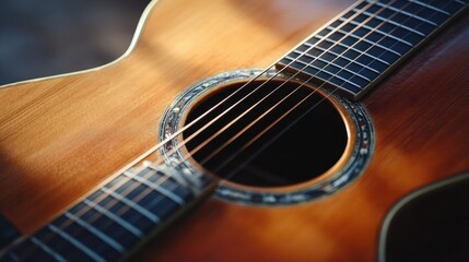 Fototapeta premium Classic acoustic guitar with a smooth wooden finish, isolated on white background