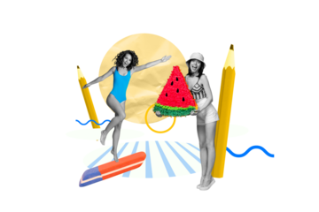 Magazine graphics template collage of friends ladies drawing palm tree dream about tropics luxury resort