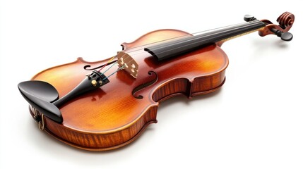 Classic violin with fine wooden finish and bow, isolated on white background