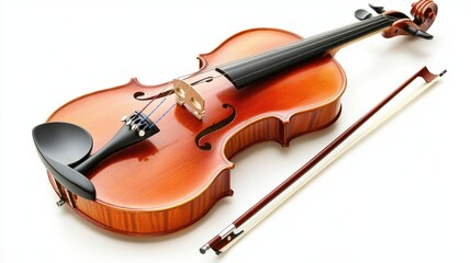 Fototapeta premium Classic violin with fine wooden finish and bow, isolated on white background