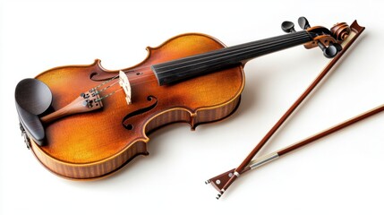Fototapeta premium Classic violin with fine wooden finish and bow, isolated on white background